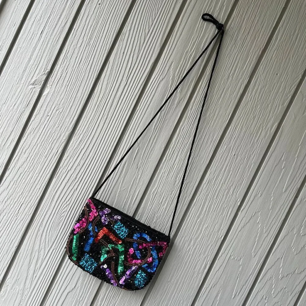 VTG 80s Beaded Sequin Crossbody Bag Black Multicolor Party Purse